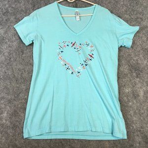 Reno Air Races Shirt M Womens Sky Blue Short Sleeve V Neck Heart Airplane Print